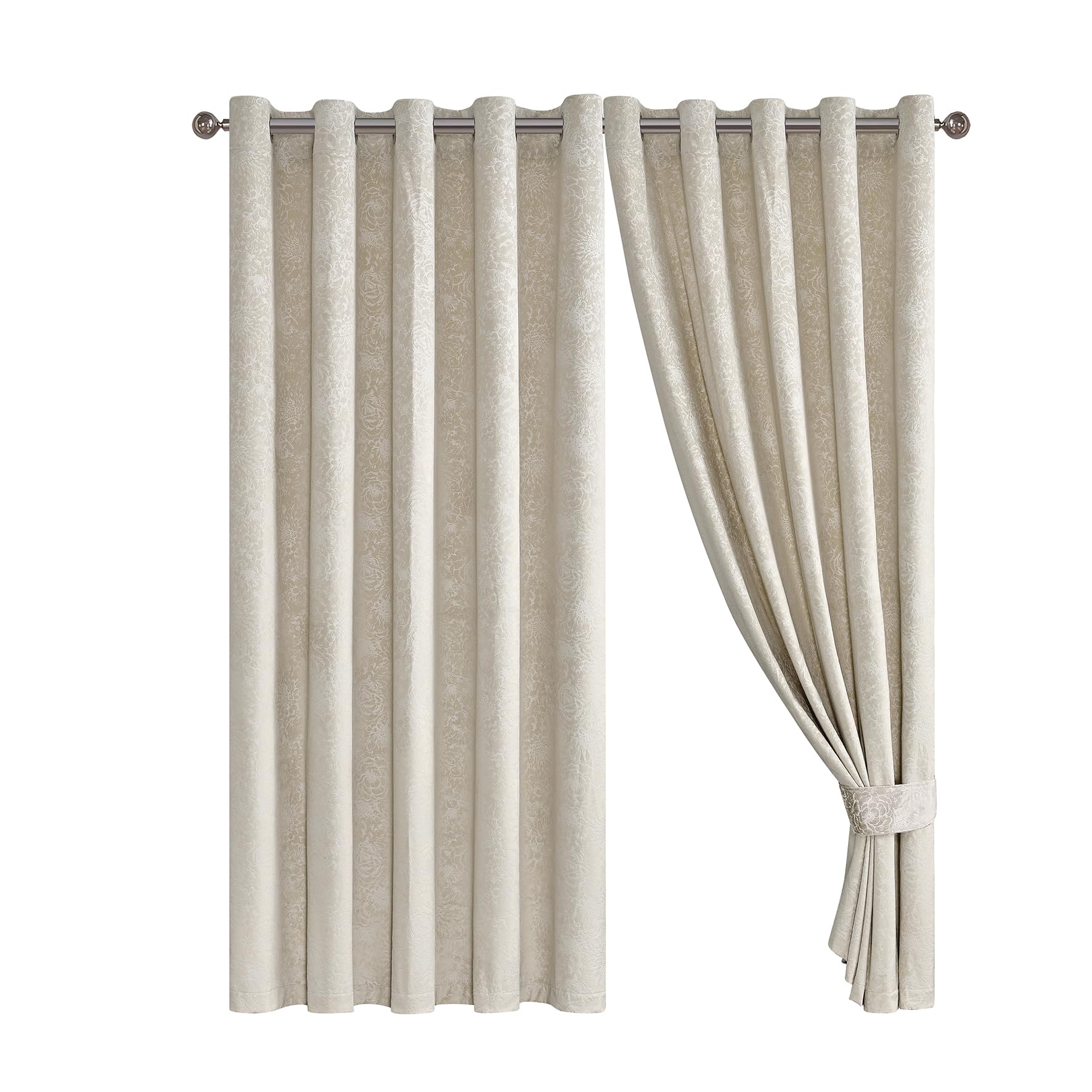 Floral Jacquard Velvet Curtain Pair - Heavyweight and Noise Reducing - Room Darkening Eyelet - Fully Lined for Thermal Insulation - Includes Two Tiebacks (Cream, 66" x 72" (168 x 183 cm))