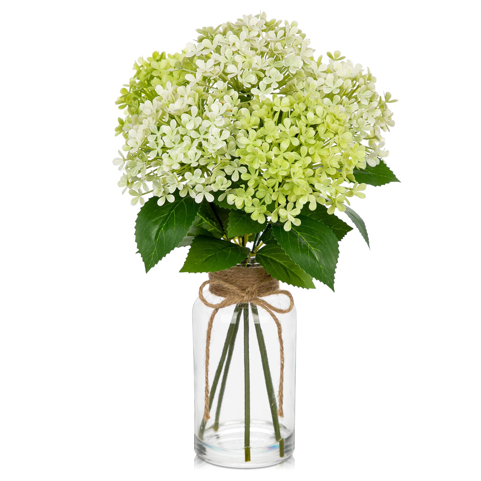 Briful Hydrangea Artificial Flowers in Glass Vase, 13.8" Artificial Hydrangea with Faux Water Green Artificial Flowers for Decoration, Faux Hydrangea with Vase for Centerpieces Home Decor