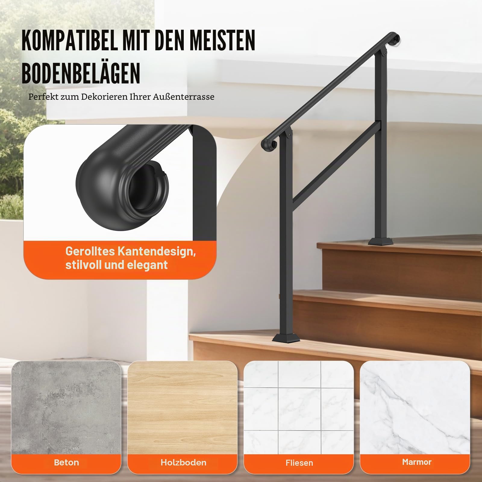 VEVOR Handläufe für Außentreppen, 2–3-stufiger Treppenhandlauf und Innengeländer-Set, Geländer für Außentreppen mit Montagesatz, Handläufe für Senioren, Verandageländer und Deckhandlauf, schwarz