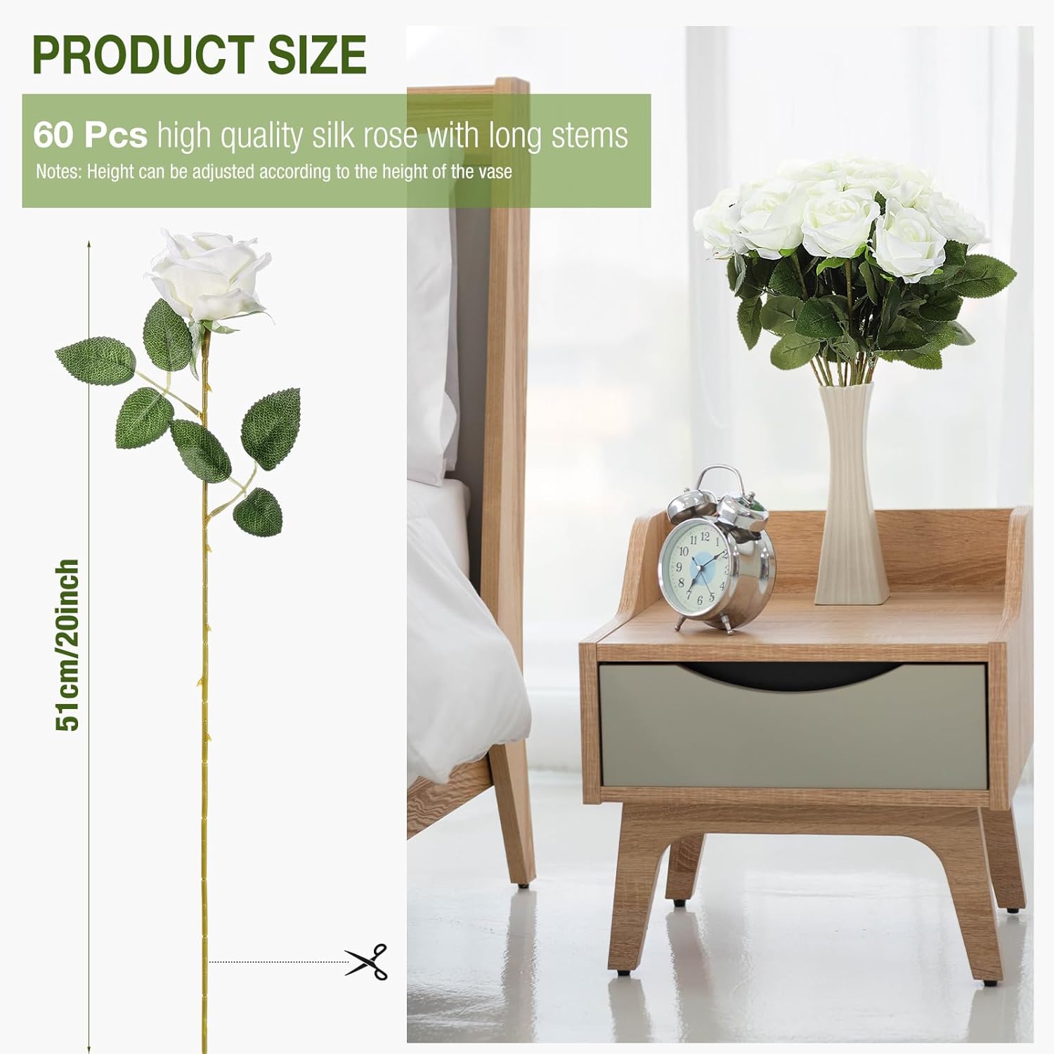 Jexine 60 PCS Artificial Roses Bulk Silk Flowers with Long Stems, Realistic Faux Rose Bouquet for Wedding Centerpieces, Valentine’s Party, Home Decor(White) - Image 2