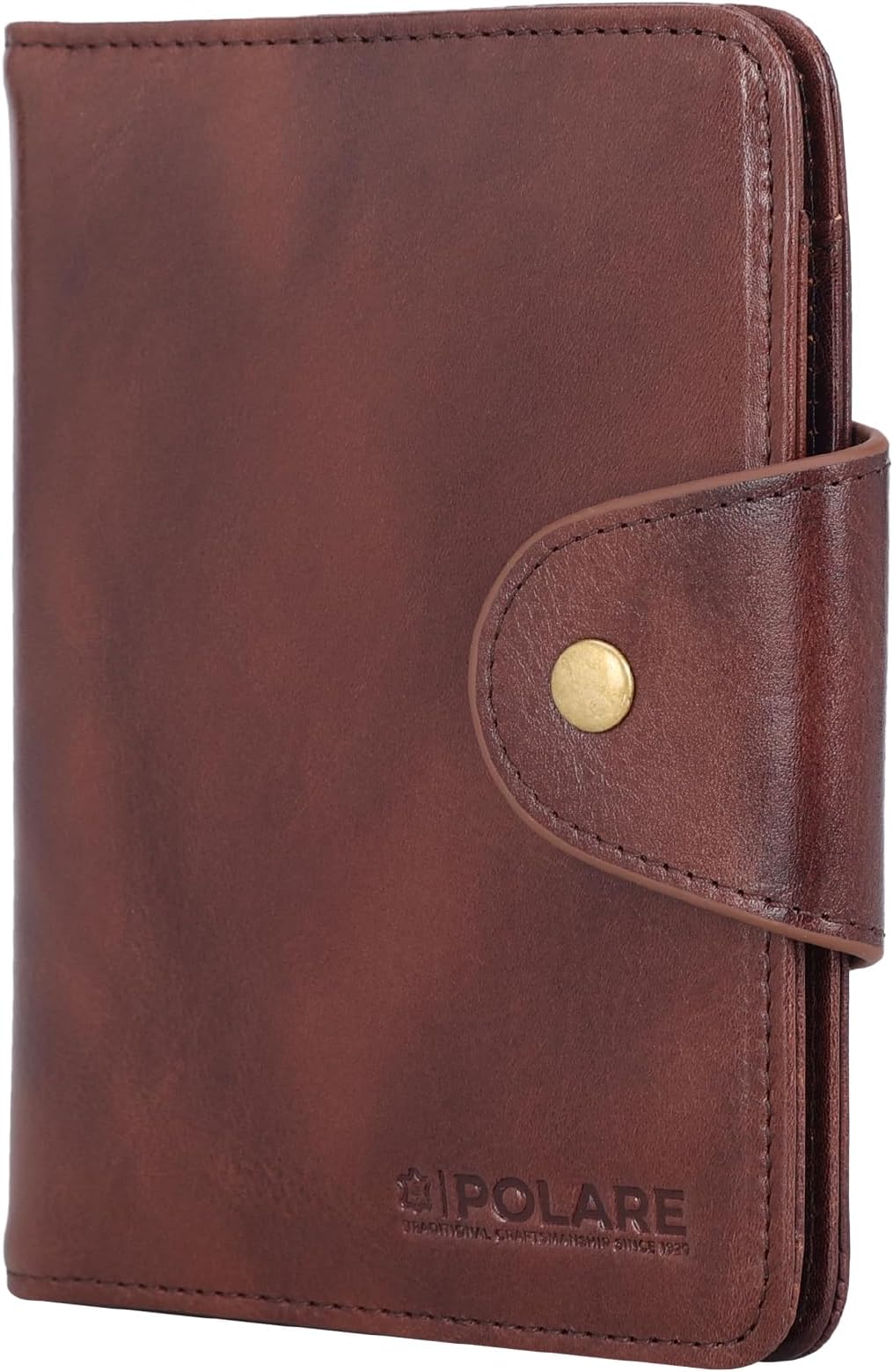 Polare Full Grain Leather Slim and Soft RFID Blocking wallet For Men Snap Bifold Travel Wallet Passport Holders 2 Passports (Coffee)