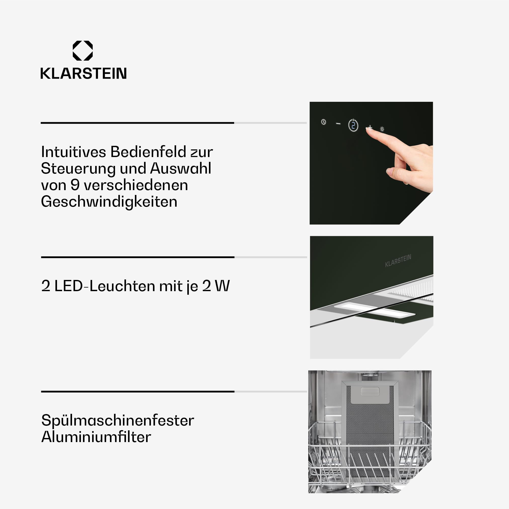 Klarstein AlizeEdge Dunstabzugshaube - 60 cm Wandhaube, Flaches Design, Touch-Steuerung, 487 m³/h Luftdurchsatz, A+ Energieeffizienz, LED-Beleuchtung, Leise 38 dB, Abluft & Umluft, Schwarz