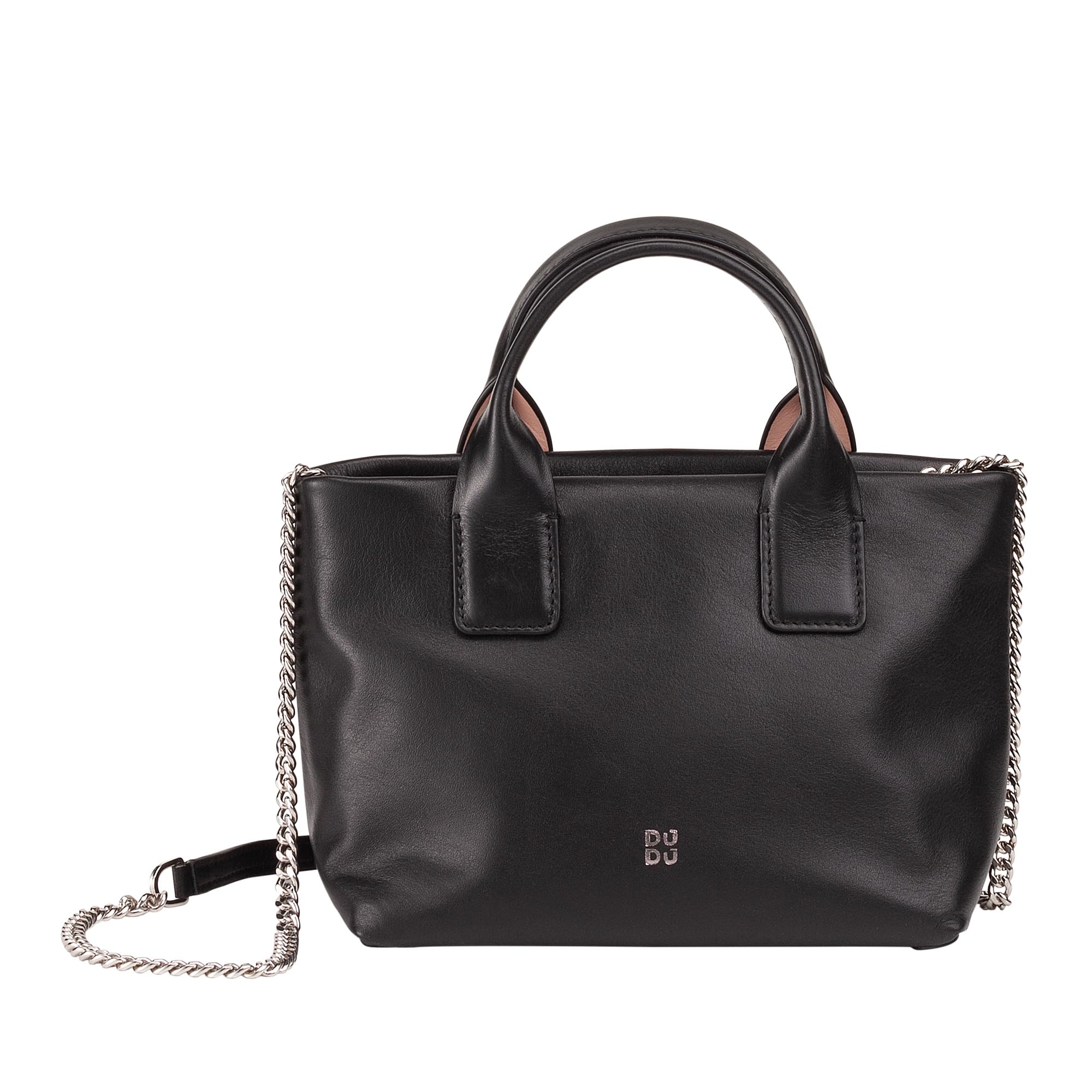 DUDU Bolso pequeño para Mujer de Hombro en Piel Genuina, Elegante minibolso de Noche, 22 x 13 cm, Asas Dobles, Bandolera de Cadena, Cierre con Cremallera Negro Rosa