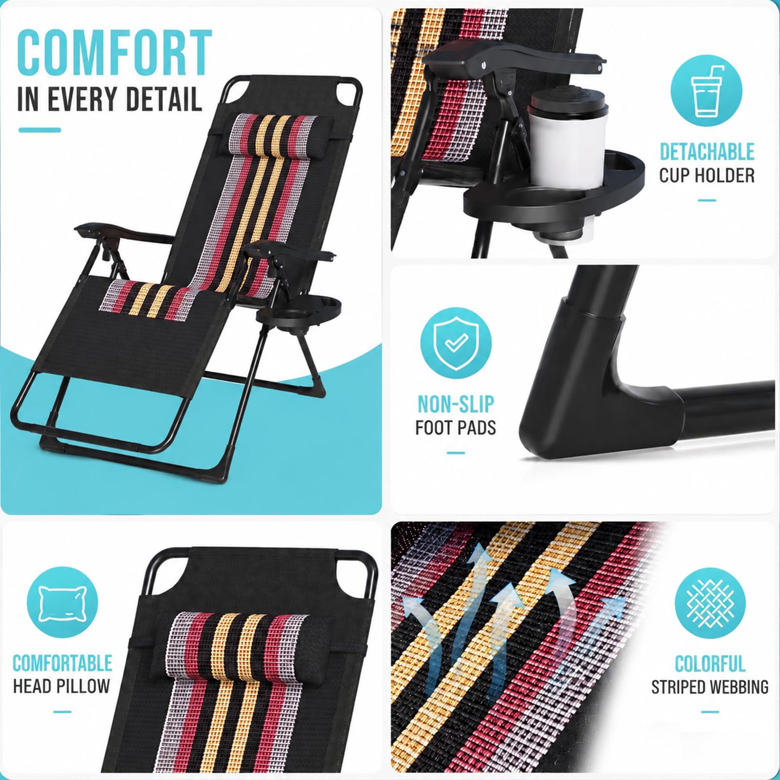 Fauteuil Relax Zéro Gravité Pliable & Inclinable, Chaise Longue Matelassée, Transat Extérieur avec Porte-Gobelet Latéral, Bain de Soleil à Accoudoirs, Charge Max 220kg Jardin Terrasse Piscine(Noir)