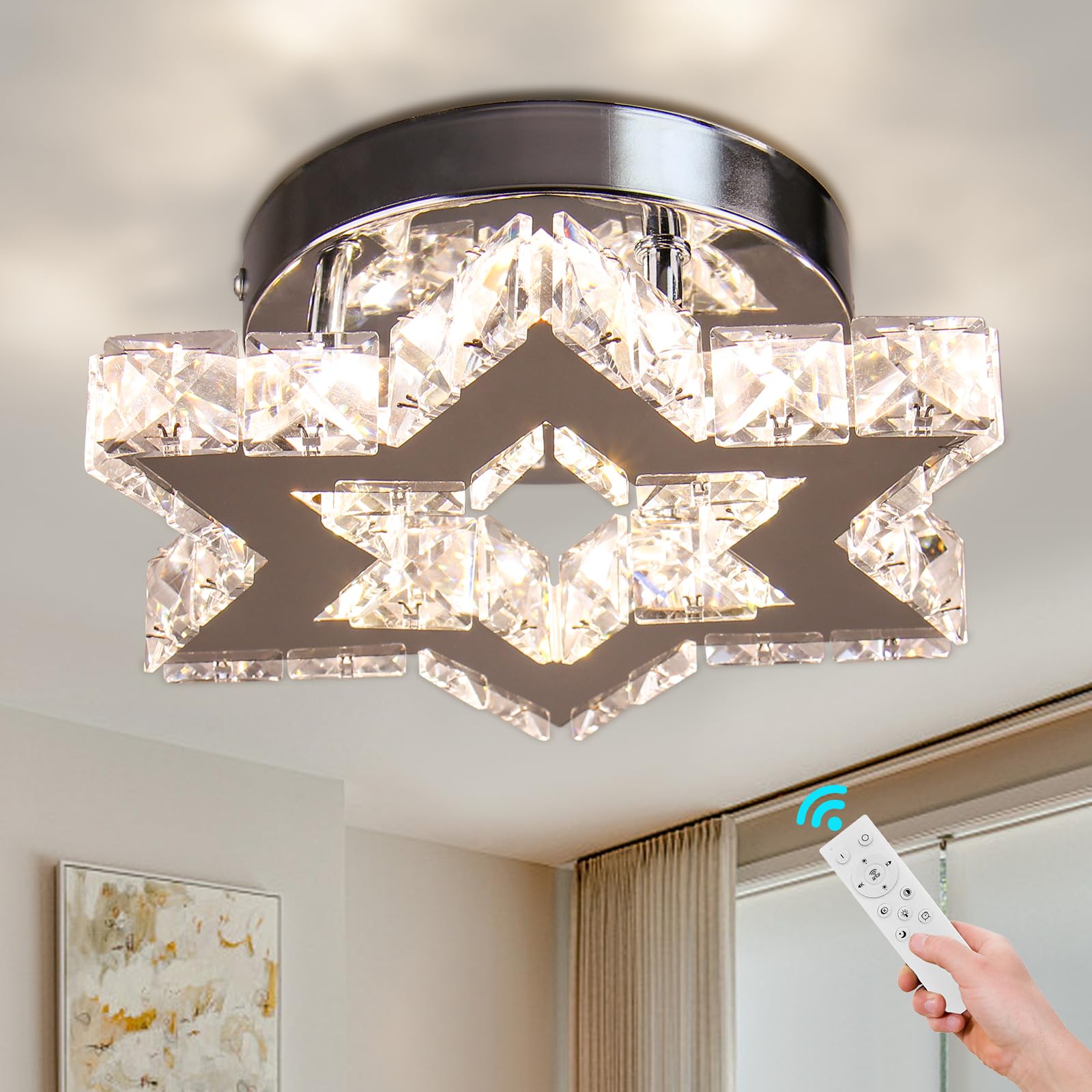 Lustre moderne en cristal à LED avec télécommande Lustre encastré pour entrée, foyer, cuisine, escalier, placard, 3 couleurs ajustables, fonction mémoire