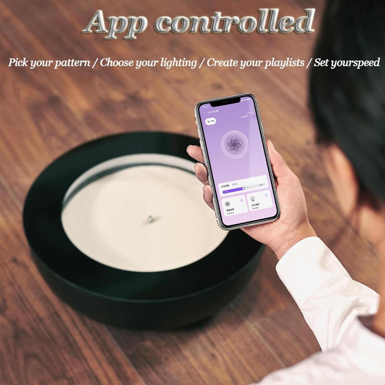 Tavolo di sabbia per meditazione zen con arte della sabbia mobile magnetica, LED a 7 colori, 19 modelli, controllo app, arte in movimento 3D per casa e ufficio, accessori per meditazione