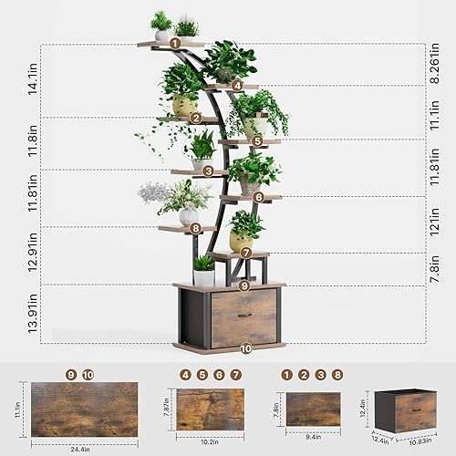 Miniatura 6 de Soporte alto para plantas de 10 niveles para interiores con luces de cultivo, estante esquinero de 65 pulgadas con cajón de almacenamiento, estante