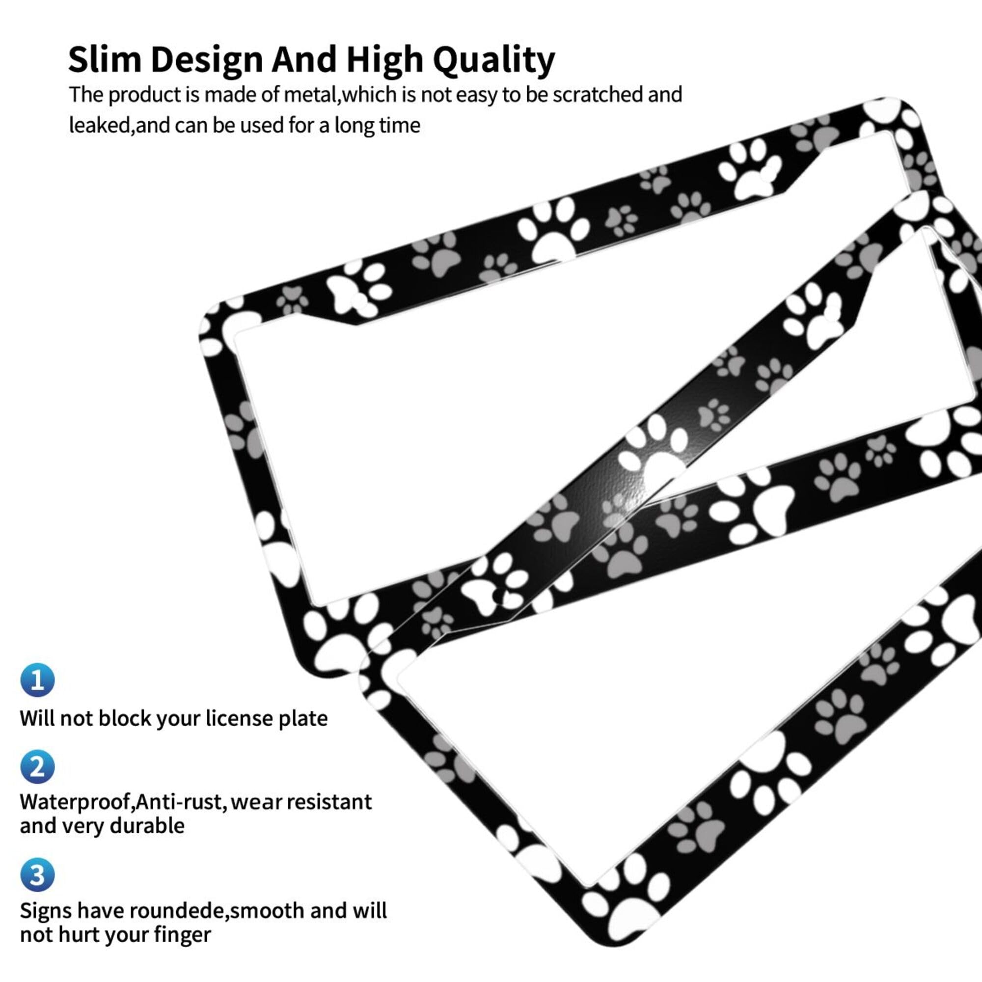 Dog Paw Print License Plate Frame - Black White Aluminum Metal Car Tag Holder 12.3x6.3 Inch