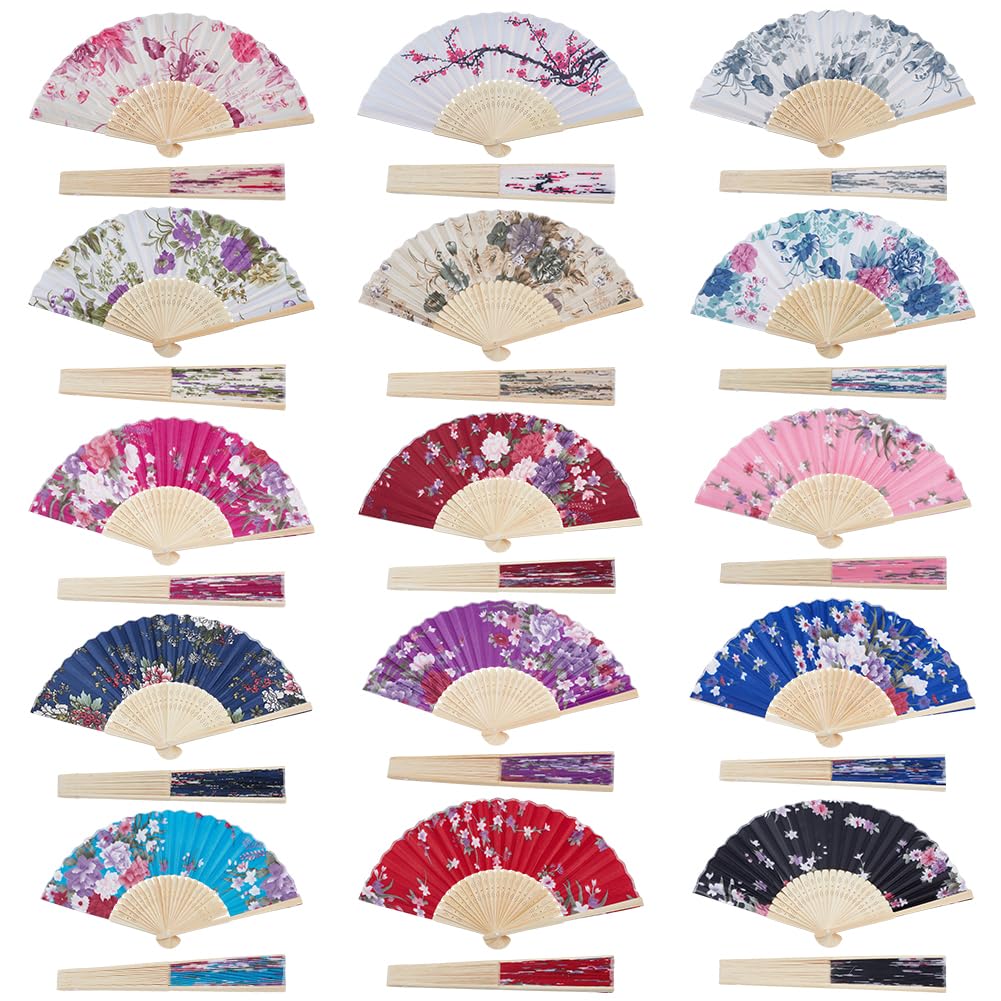 INTERWARM 30Pcs Floral Folding Hand Fan, Chinese Bamboo Fans Vintage Cloth Fabric Decorations for Dancing Wedding Party Cosplay Supplies, 8.3x3x0.4inch,15 Colors