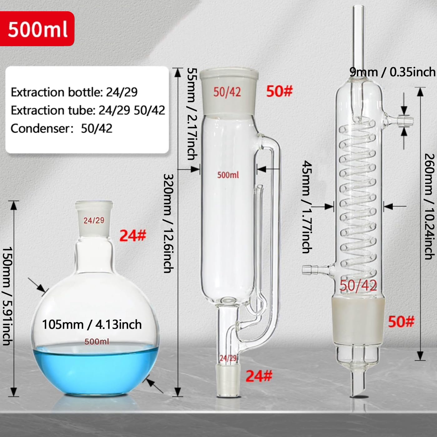 Kit de cristalería de laboratorio para dispositivos de extracción de sorts, extractor de Sorts de vidrio borosilicato, con refrigerante y matraz de fondo plano (500ml)