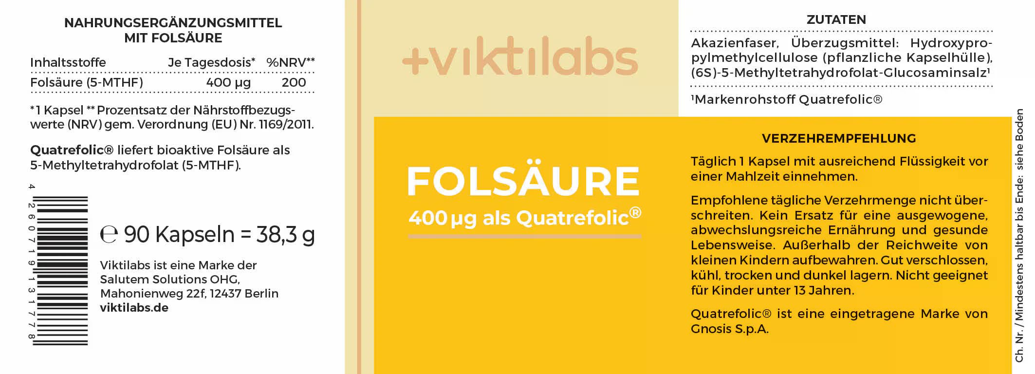 Folsäure - hochdosiert - 400 µg Quatrefolic® 5-MTHF bioaktives Folat