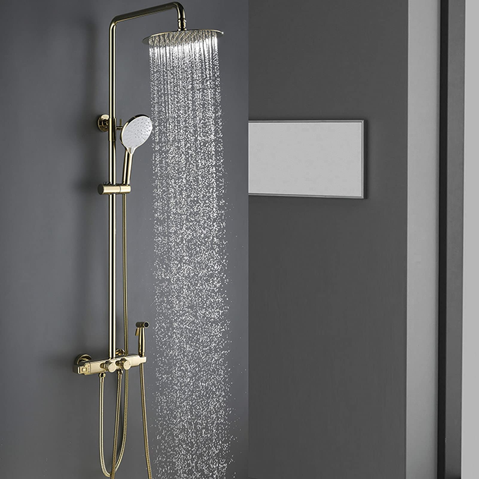 QUSYZD Shower Faucet Set, Luxury Rainfall Shower Head with Handheld Spray, Bidet Sprayer, Wall Mounted Thermostatic Bathtub Faucet Set, Solid Brass,Gray,Chrome Gold,Gold