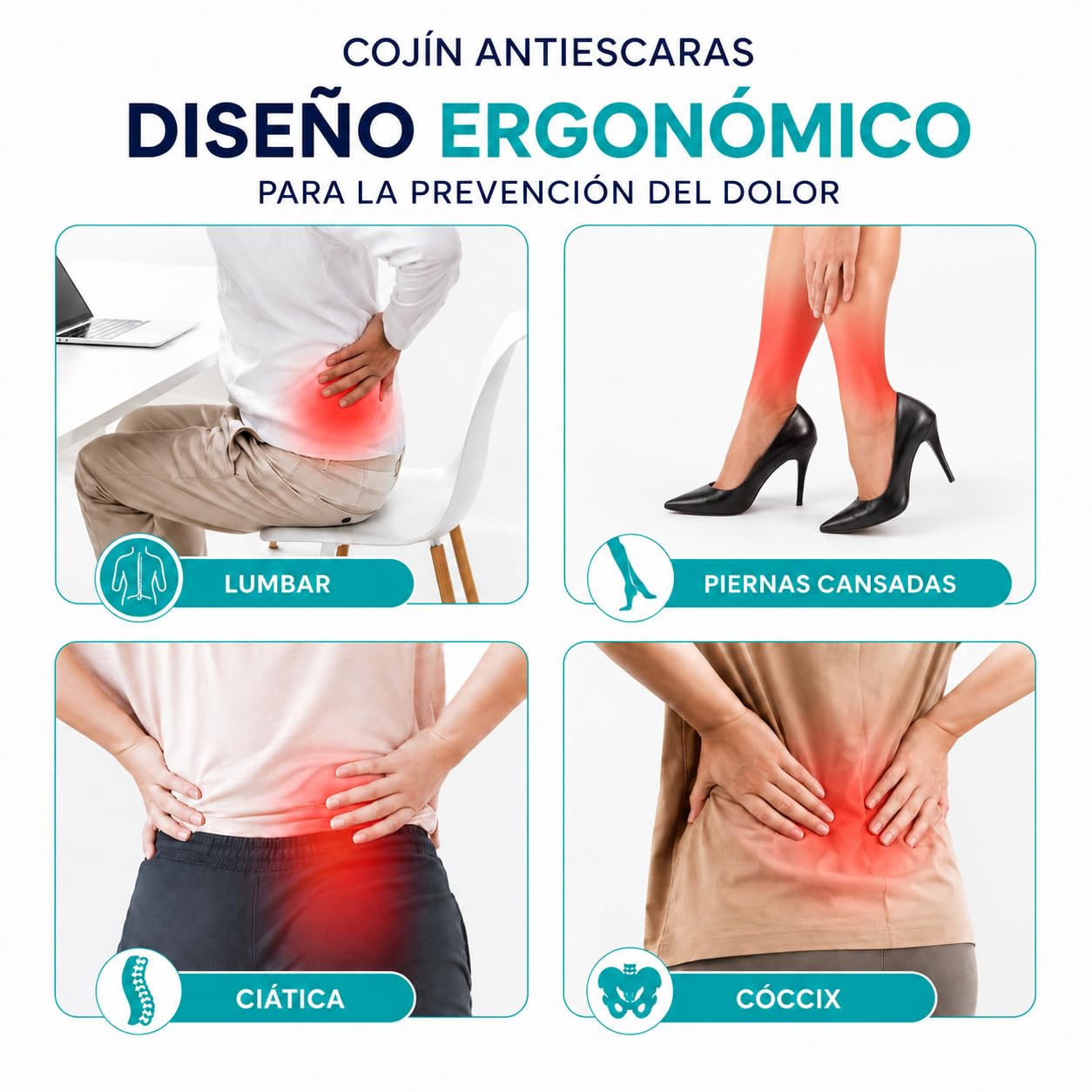 Cojín Antiescaras Espuma Viscoelástica para Silla de Ruedas y Oficina Funda Lavable Transpirable Base Antideslizante Alivio Presión Coxis y Mejora Postura