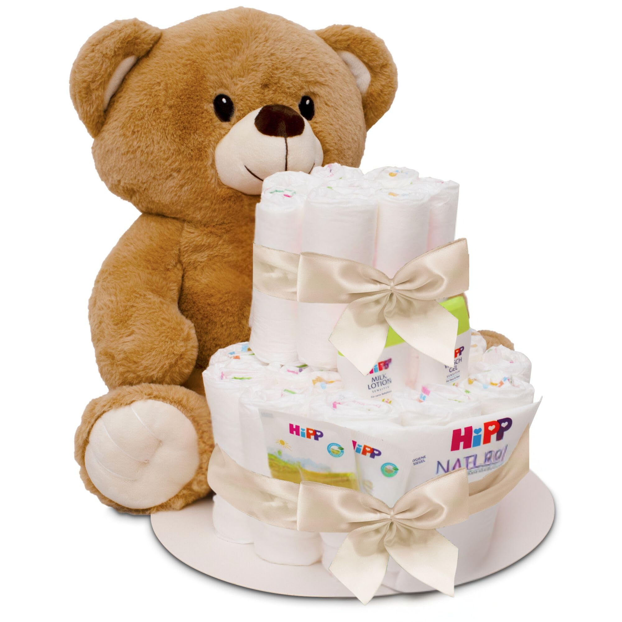 MilaBoo® beige Windeltorte mit kuscheligen großen Teddybär I hochwertiges Neugeborenen Geschenk mit Windeln und Produkten I persönliches Babygeschenk zur Geburt (beige groß)