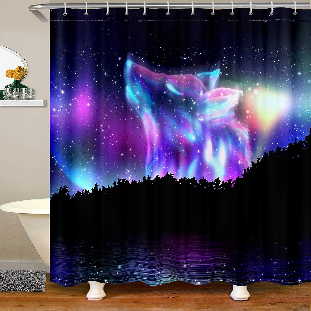 Feelyou Nordlichter Duschvorhang – Galaxie & Wolf-Design, Wasserdicht, 183x198 Cm