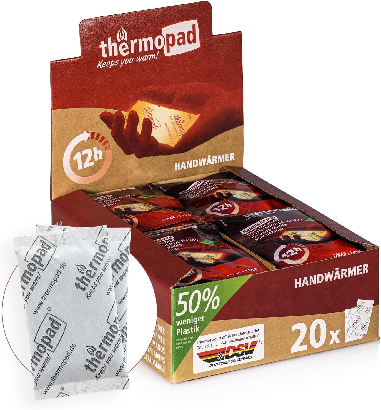 THERMOPAD Hand Warmers - The Original: 20 Pairs of Heat Pads for 12 Hours of Warmth I 50% Less Plastic I Ready to Use Pocket Warmers I Heat Pad - Ideal for Outdoor I Heat Pad for Gloves