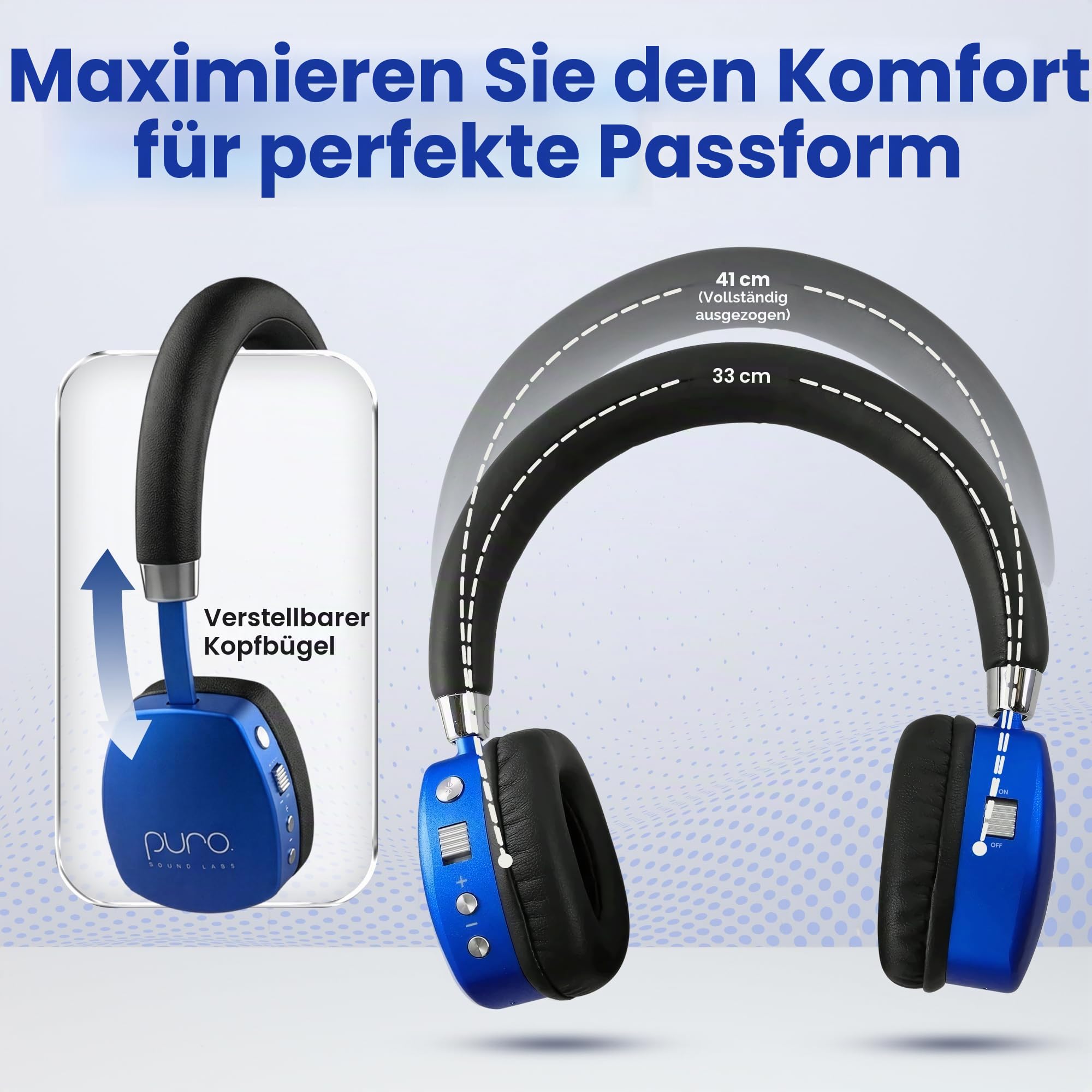 Puro Sound Labs PuroQuiet Plus Lautstärkebegrenzte On-Ear Active Noise Cancelling Bluetooth Kopfhörer – Leichte Kopfhörer für Kinder mit eingebautem Mikrofon – Sicherer Sound (Blau)