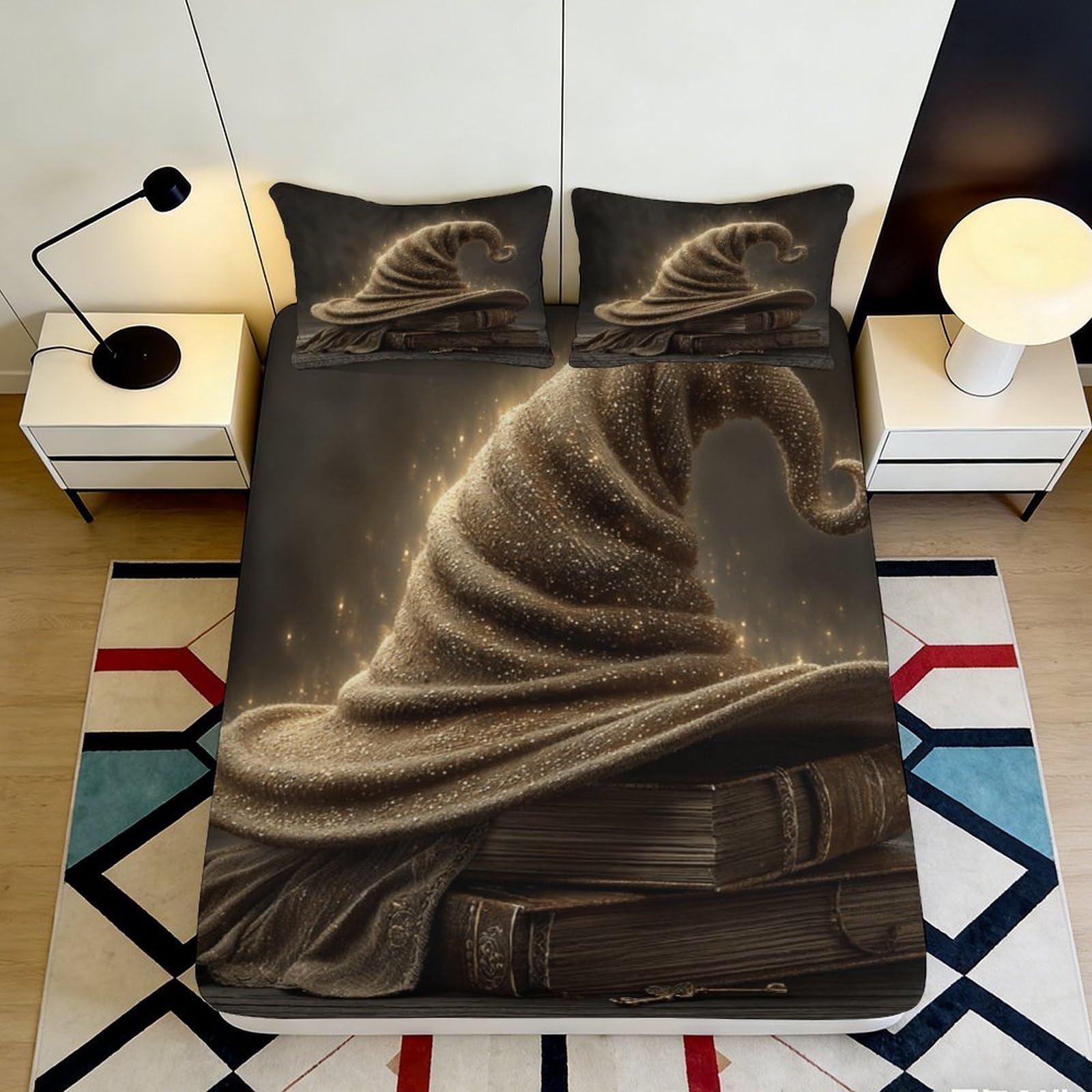 3D Printed Magic Hat Fitted Sheet Microfiber Deep Pocket Non-Slip Bedroom Bedding Magic Hat Mattress Fitted Cover for Adults Teens 140x200x25cm