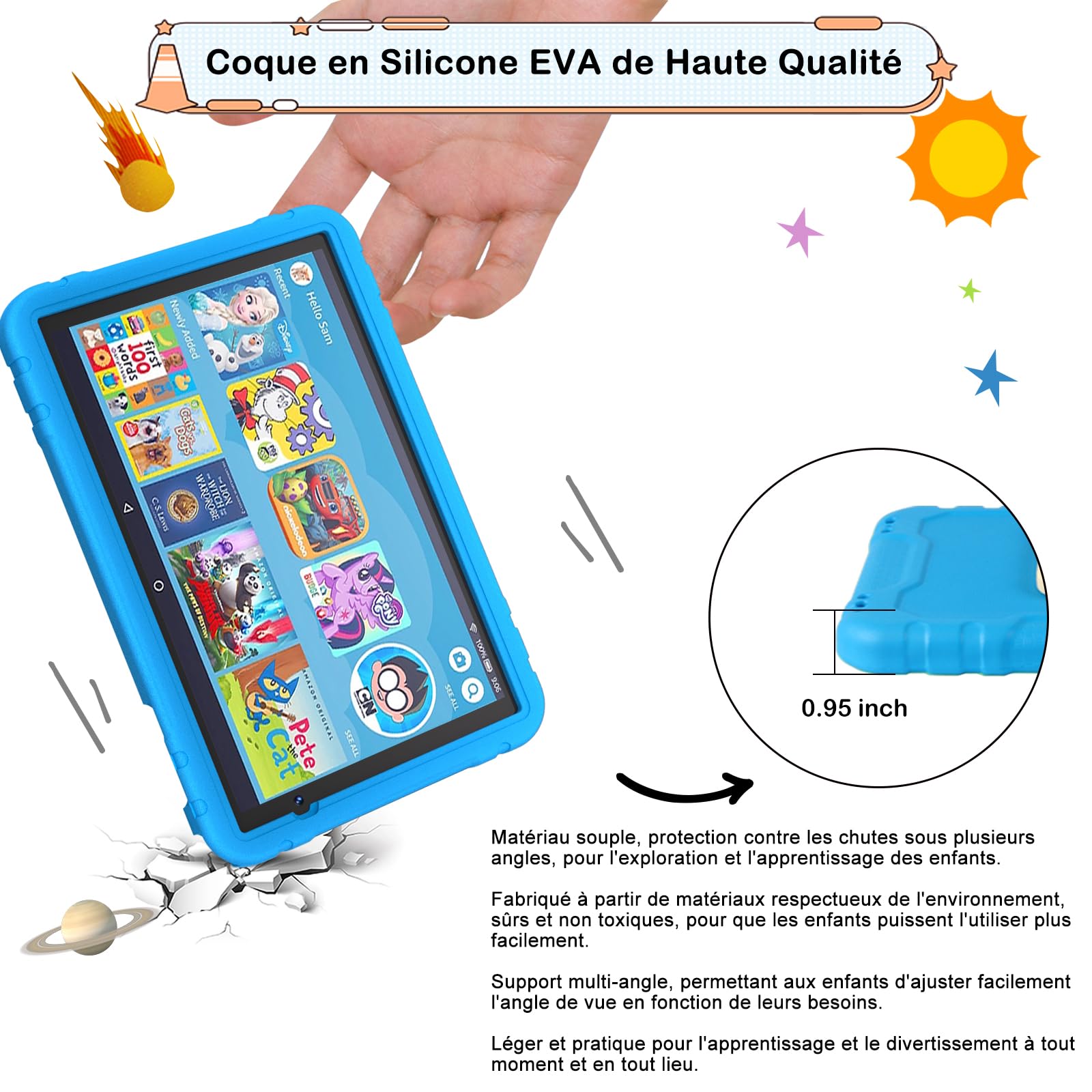 Tablette enfants 10 Pouces Android, 22GO + 128 GO (TF 1TO), WiFi 6, 8000 mAh, Widevine L1,GPS, Face ID, Octa-Core, Contrôle Parental, EVA Étui de Protection Antichoc, 360° Rotatif Support - Bleu