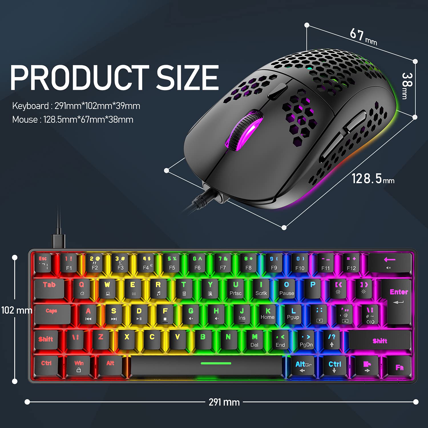 Combo De Teclado Y Ratón para Juegos con Cable-Interruptor Negro,Azul | 60% Distribución UK，Interruptor Azul, Mini De 62 Teclas, Retroiluminación Arcoíris, Anti-Ghosting Completo, 6400 DPI 6 RGB