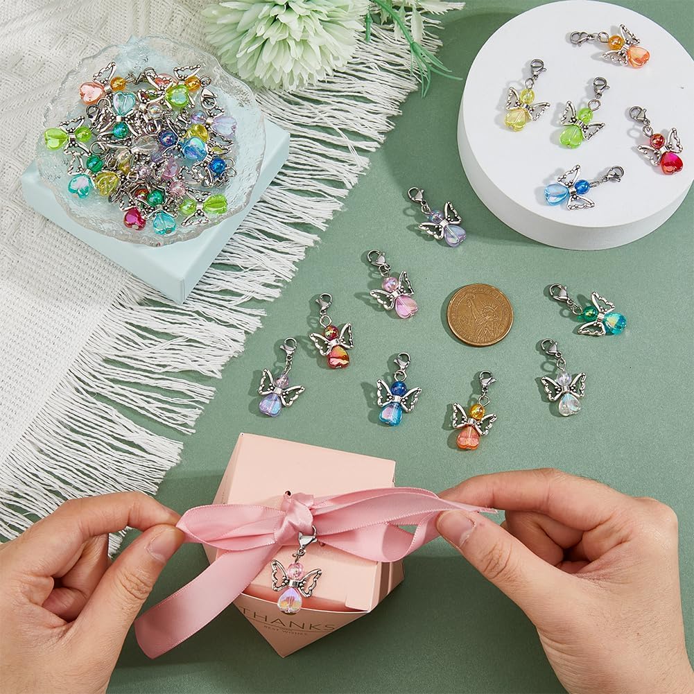 SUPERFINDINGS 36pcs 9 Colors Angel Wing Charm Colorful Fairy Dangle Pendants Acrylic Heart Beads Charms with Lobster Clasps for DIY Jewelry Making Findings Crafts Supplies Baby Shower Favor - Image 2