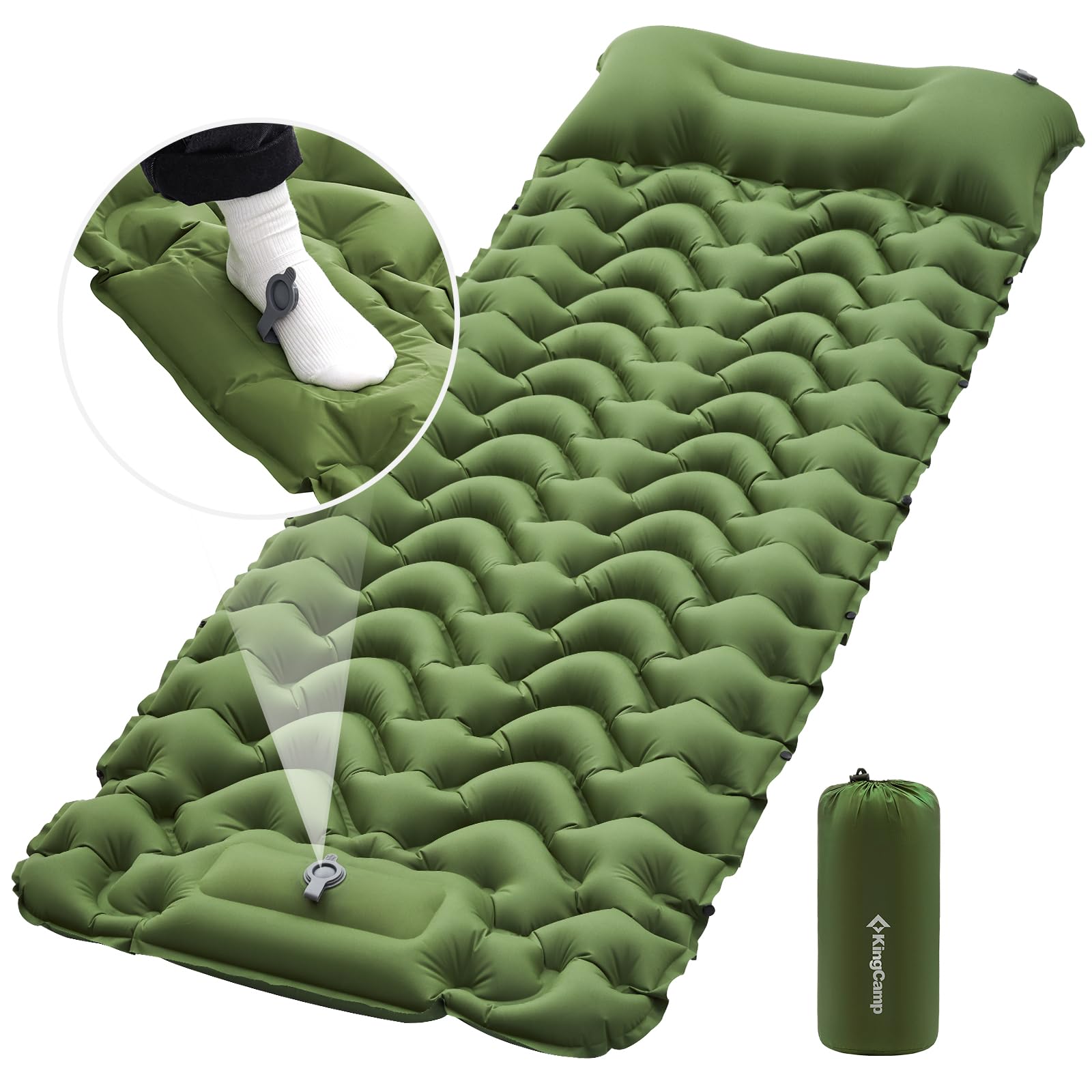 KingCamp Matelas de Camping Gonflable Ultraléger avec Oreiller & Pompe à Pied Intégré Tapis de Camping Gonflable Coussin d'air Portable Tapis de Couchage Matelas Gonflable pour Tente Voyage Randonnée