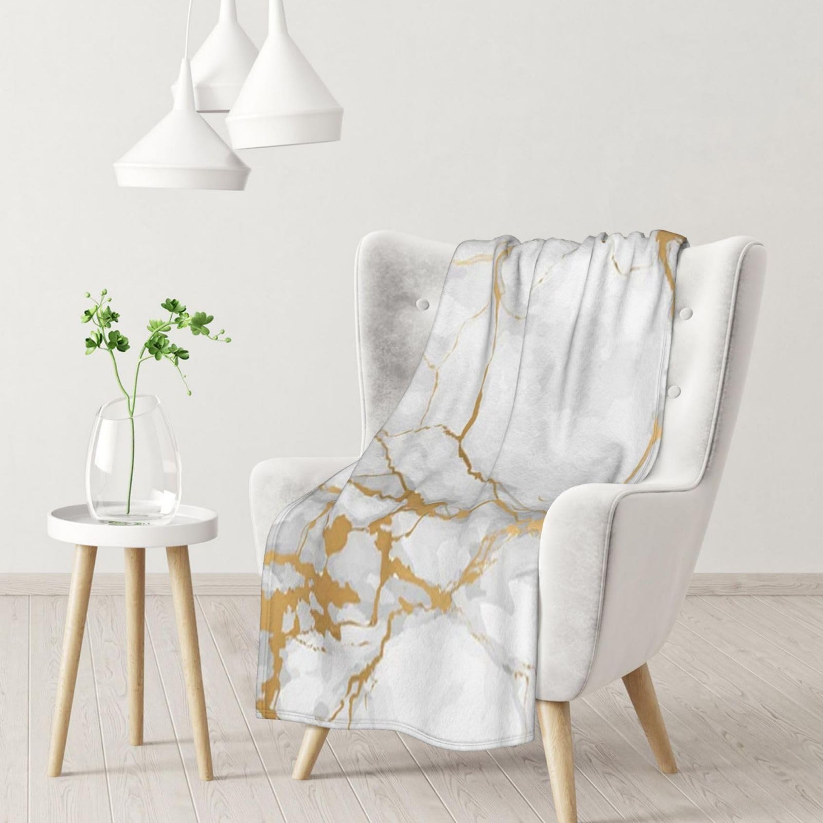 Yofien Black White Marble Gold Patternflannel Throw Fluffy Blanket For Couch, Soft Cozy Blankets