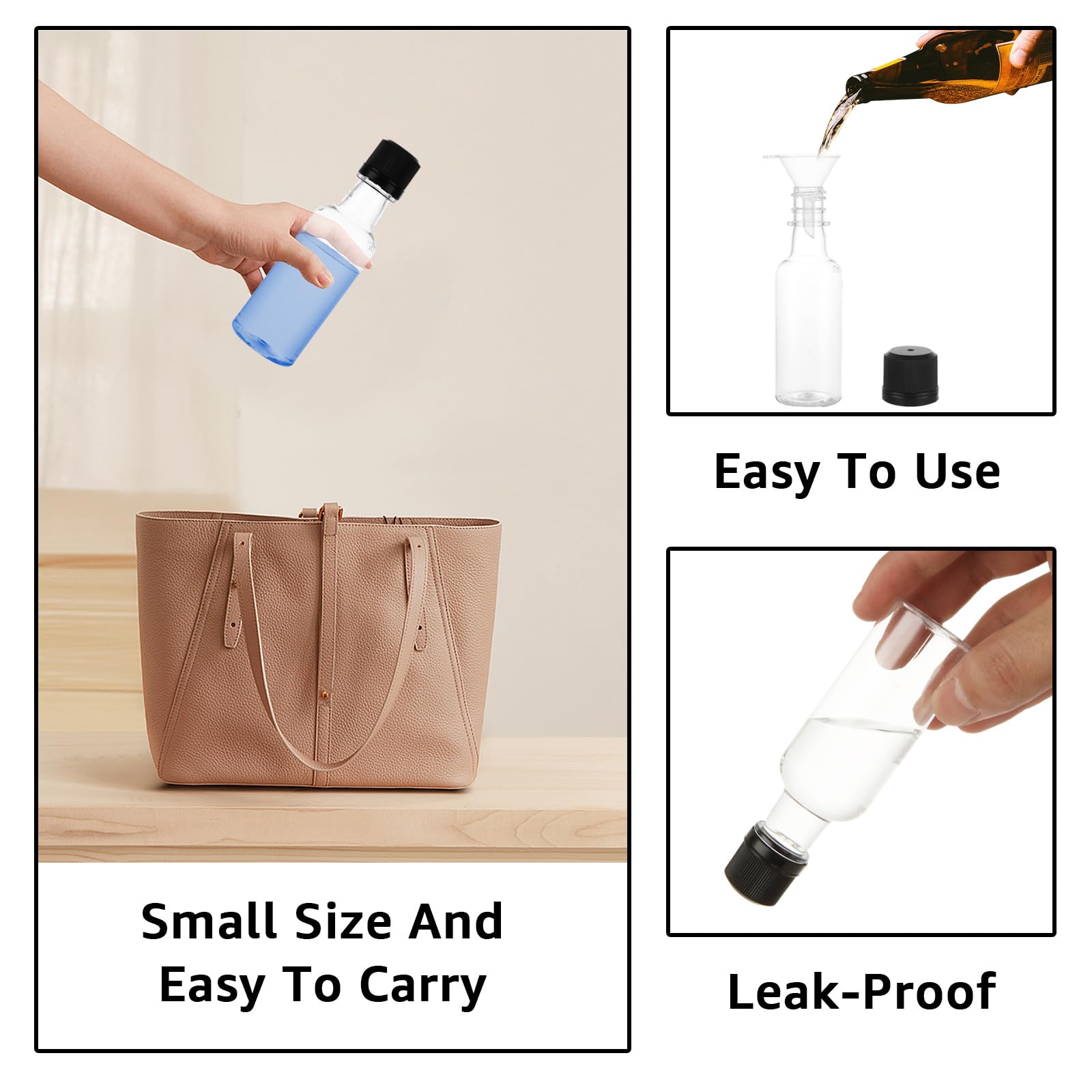 Lot de 70 mini bouteilles d'alcool, bouteilles à spiritueux avec bouchon noir, 50 ml - Bouteilles hermétiques en plastique avec entonnoirs pour cocktail, fête, mariage