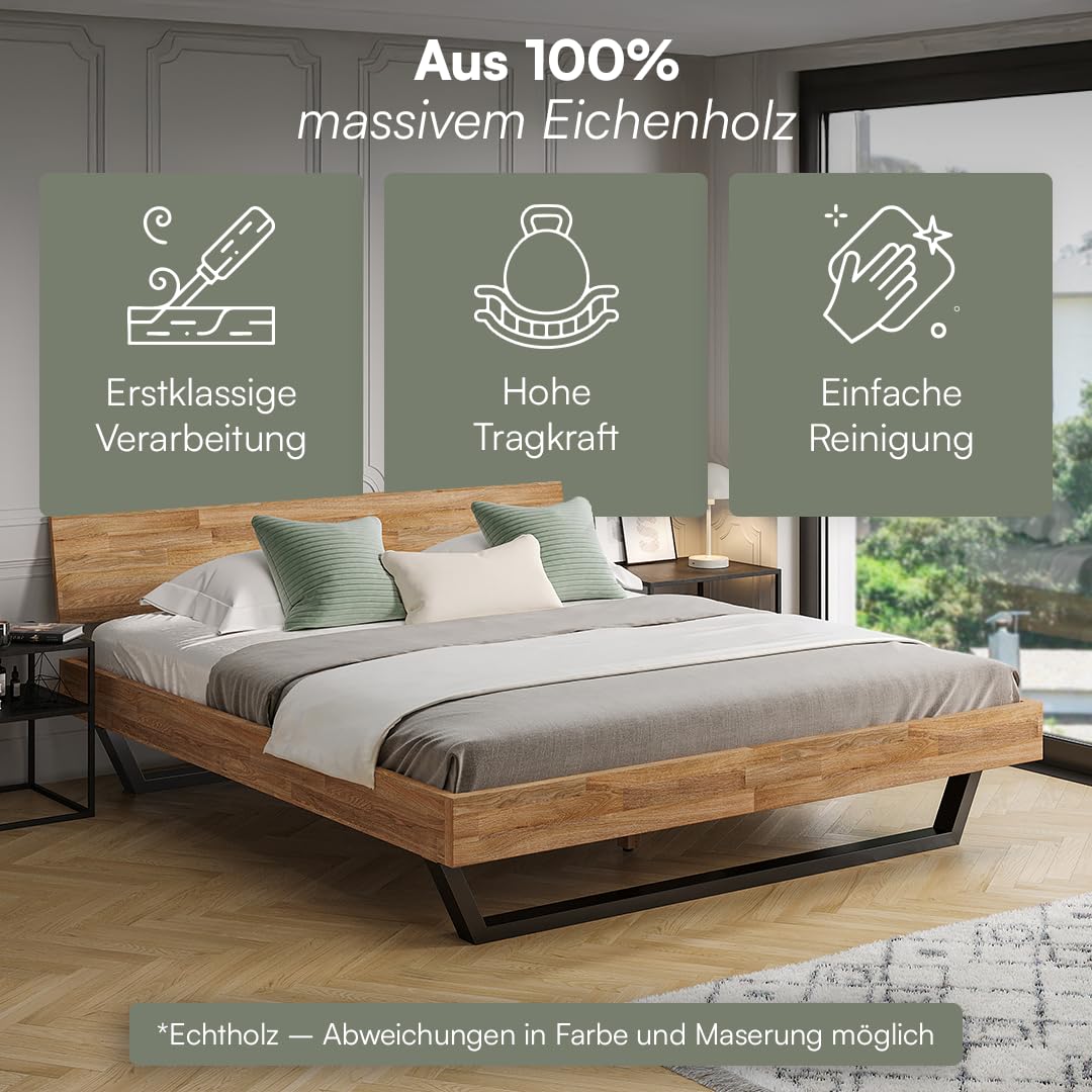 skølm Alver Massivholzbett 180x200 cm – Bettgestell aus Massivholz Eiche geölt – Holzbett mit schwarzen Metallkufen – hochwertiges Bett mit 1 Strebe als Bettkopf – Bettrahmen geeignet als Doppelbett
