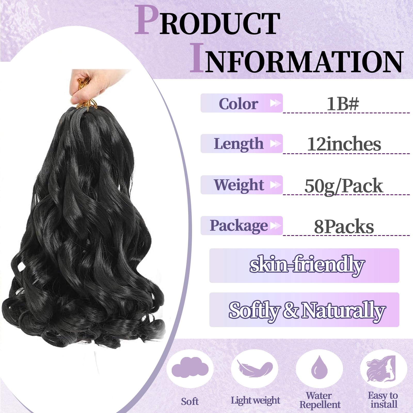 12 Inch French Curls Braiding Hair 8 Packs Spanish Curly Braids Pre Stretched Loose Wave Soft French Curl Synthetic Braiding Hair Extensions for Women (1B, 12 Inch (Pack of 8))
