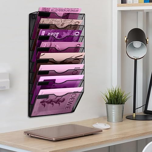 Miniatura 7 de ideallife Organizador de archivos de pared de malla con 8 bolsillos, organizador de archivos para colgar en la oficina, revistero, juego de ganchos