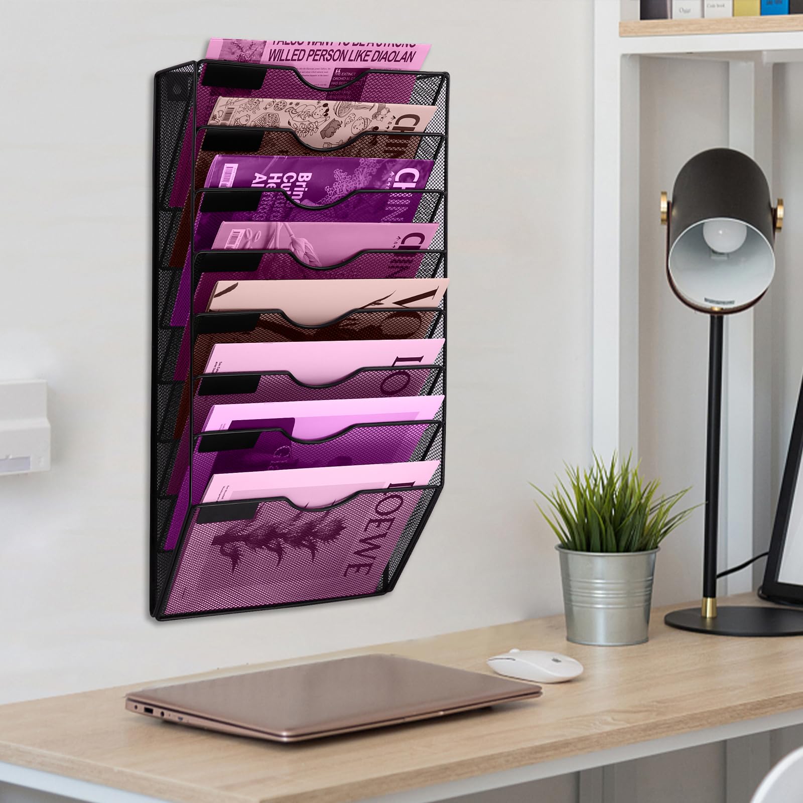 8-Fächer-Mesh-Wand-Aktenhalter Organizer Büro Hänge-Aktenordner Zeitschriften-Regal, Namensschild-Etikett-Haken-Set inklusive (Schwarz)