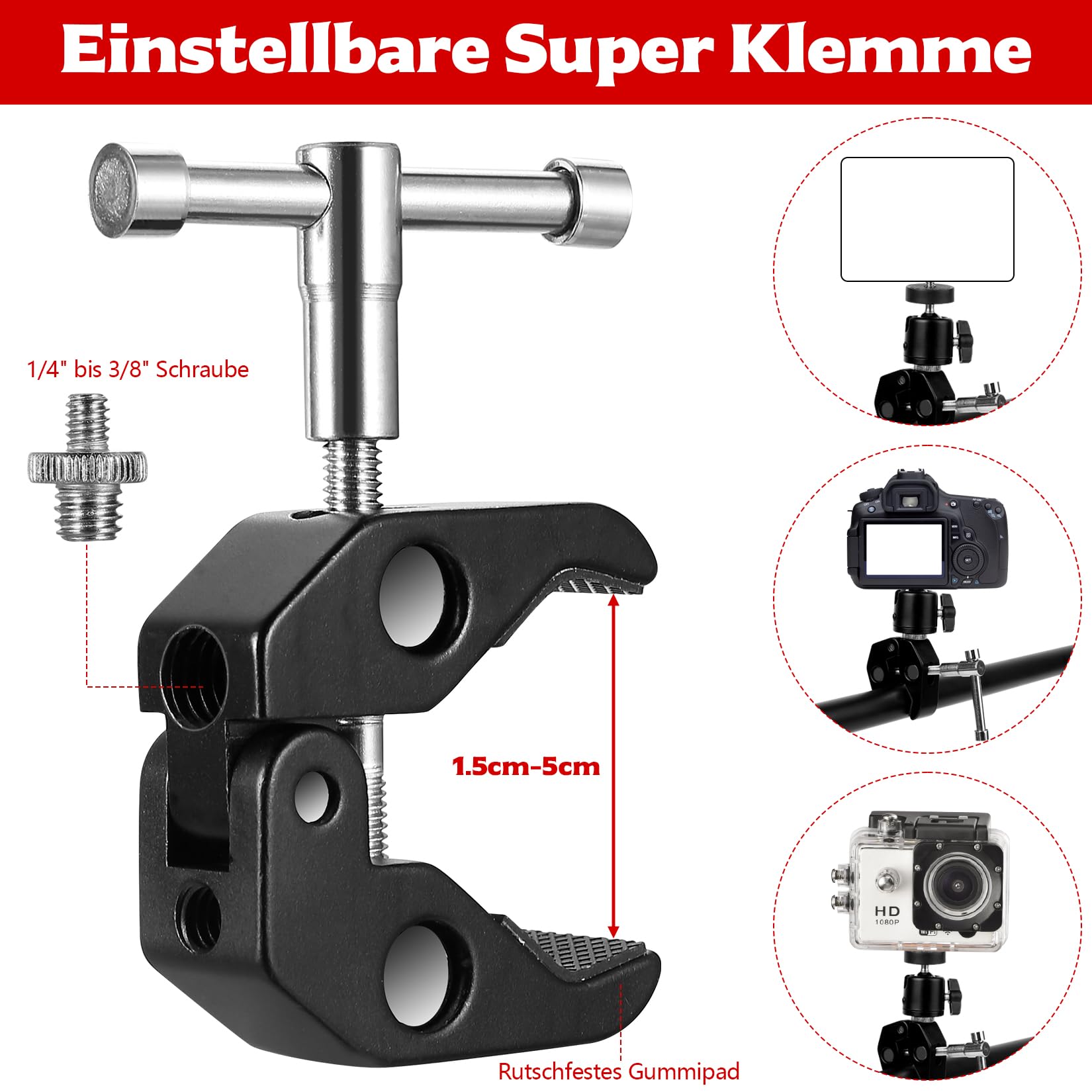 Zestaw do kamery Super Clamps, statyw z bardzo zaciskiem, stabilna głowica kulowa do statywu z adapterem gwintowanym 1/4" 3/8", Magic Arm Clamps Kulowa głowica statywu do aparatów, lamp błyskowych