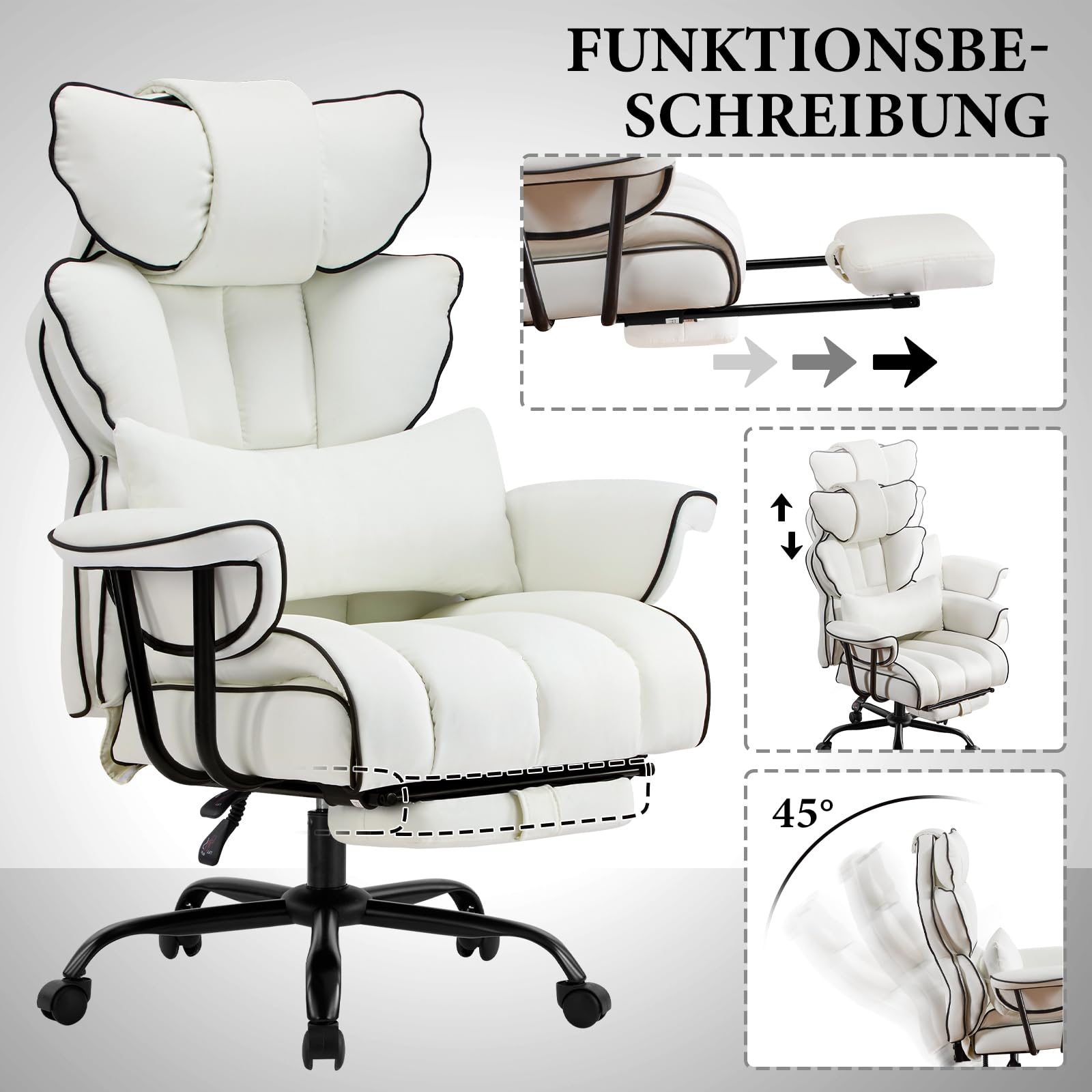 Gaming Stuhl Bürostuhl Ergonomisch, PU Leder Chefsessel, Bürostuhl 200kg mit Fußstütze und Lendenwirbelstütze, Home Office Stuhl Verstellbarer Stuhl mit hoher Rückenlehne, Drehstuhl (Weiß)
