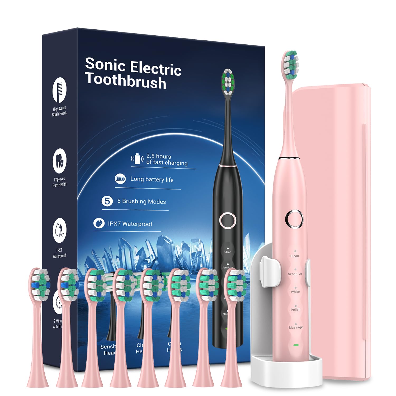 Rtauys S5 Upgraded Sonic Electric Toothbrush for Adults with 8 Brush Heads, IPX7 Travel Electric Toothbrush with Travel Case, 2.5 Hours Charge for 120 Days, 5 Modes with Built-in Smart Timer Pink