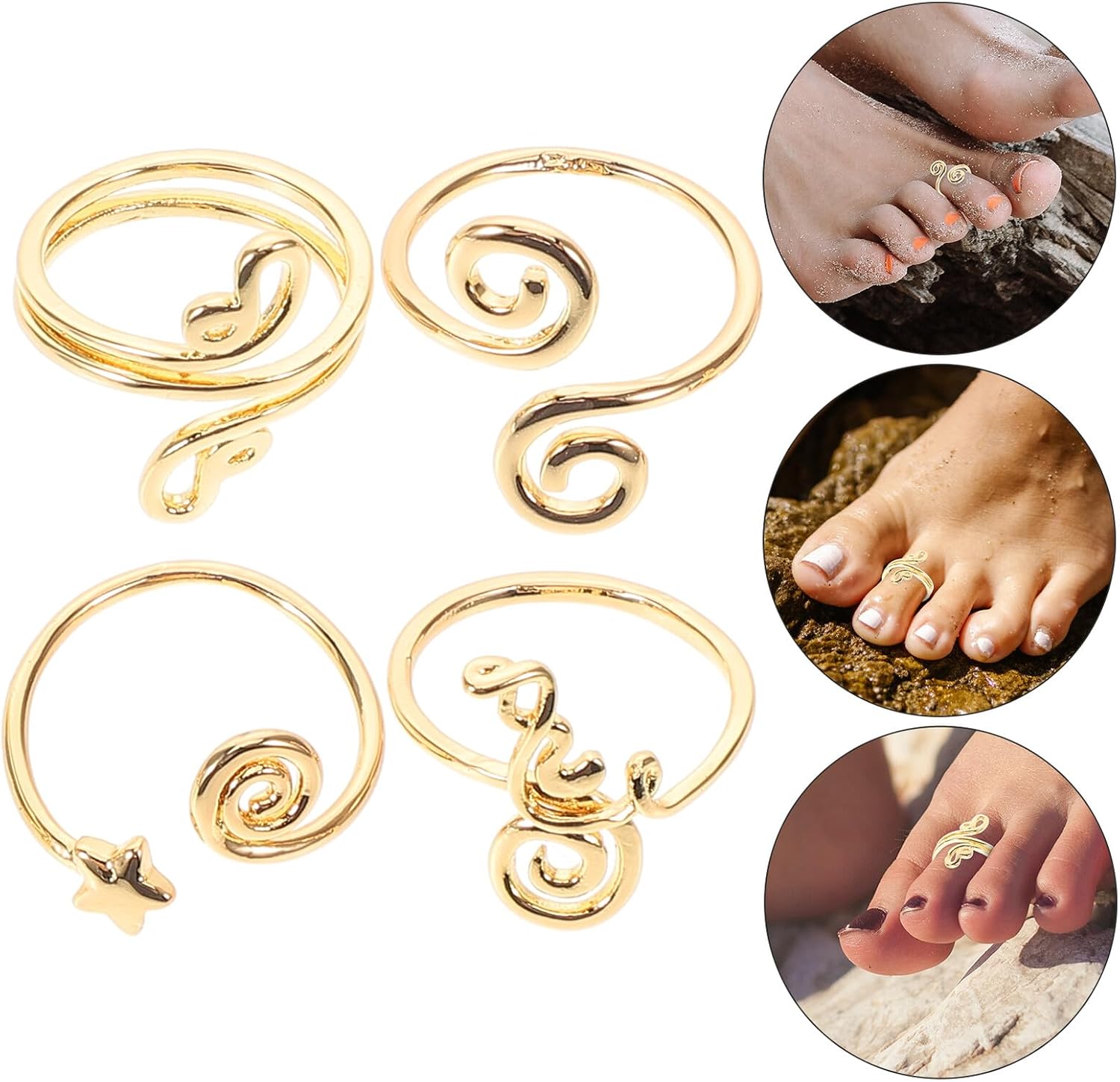 4pcs Adjustable Women Toe Rings Set with Zircon Handmade Open Style Golden Tone Summer Beach Foot Jewelry Comfortable Fit Versatile Styles for All Foot Shapes