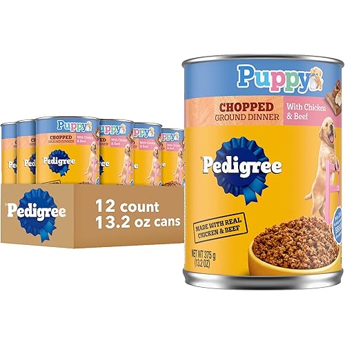 Pedigree Puppy Chopped Ground Dinner Wet Puppy Food with Chicken & Beef, Canned Dog Food, 13.2 oz. Cans, 12 Count