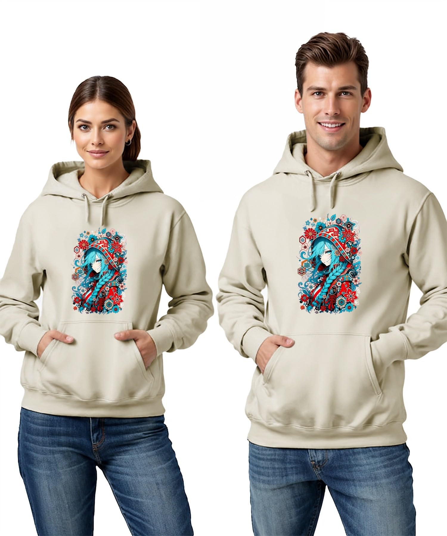 Anime dziewczęca niebieskie włosy Japonia Y2K bluza z kapturem, natura, M | Aesthetic warkocz kwiaty tradycyjny Cosplay fantazja prezent dla geek kolorowy portret folkloru