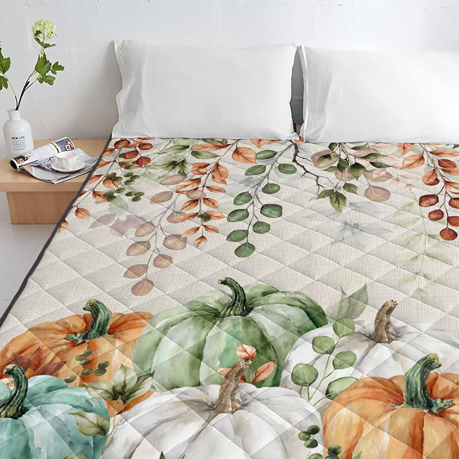 T&H XHome Quilt Full Size Luxury Quilted Comforter Bedspread-Thin Soft Cozy, Fall Vintage Sage Green Orange Eucalyptus Leaf Pumpkin Reversible Stitched Lightweight Quilt Coverlet for All Season