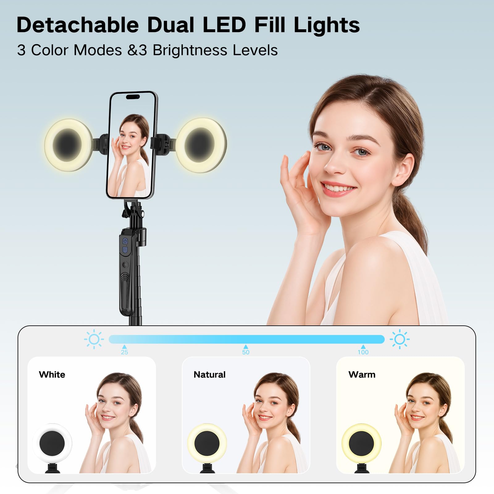 Treppiede per iPhone da 180 cm con luce e rotazione a 360° che segue il movimento, treppiede per iPhone, fotocamera Android, GoPro, luce ad anello, bastone per selfie per registrazione video live