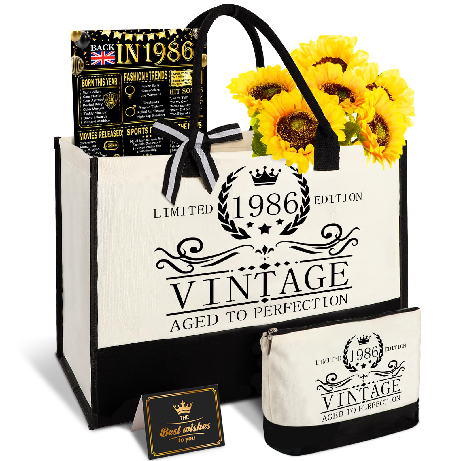 Timogift 40th Birthday Gifts for Women, Happy 40 Year Old Birthday Gift for Wife Mom Sister Aunt Grandma Friends Her, Unique Gifts Set with Vintage Canvas Tote Bag,Cosmetic Bag,Back in 1986 Poster