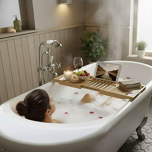 Miniatura 7 de Bamboo Bathtub Tray - Wood Bath Caddy with Book, Phone, or Tablet Rest, Cup Holder, and Extended Sides for Bath Accessories by Home-Complete