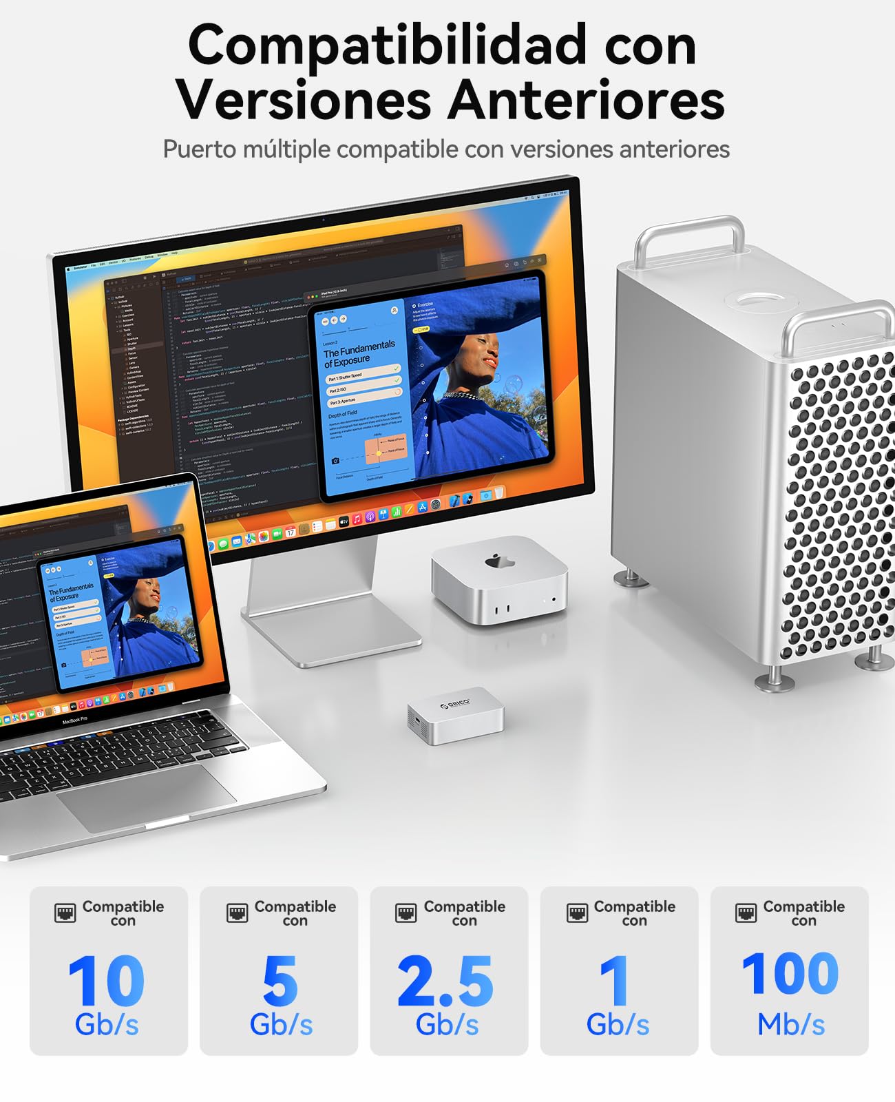 ORICO 10GbE Ethernet Adaptador, hasta 10Gb/s, Soporta 10Gb/s, 5Gb/s, 2.5Gb/s, 1Gb/s y 100Mb/s Base-T, Compatible con Dispositivos Thunderbolt 3/4/5, con Cable 0.3M 40Gbps C a C