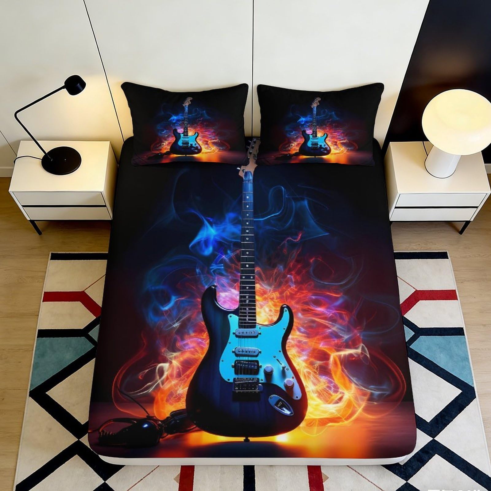3D Printed Electric Guitar Fitted Sheet Microfiber Bedroom Decor Fire Smoke Mattress Cover for Home Guest Room 90x200x25cm