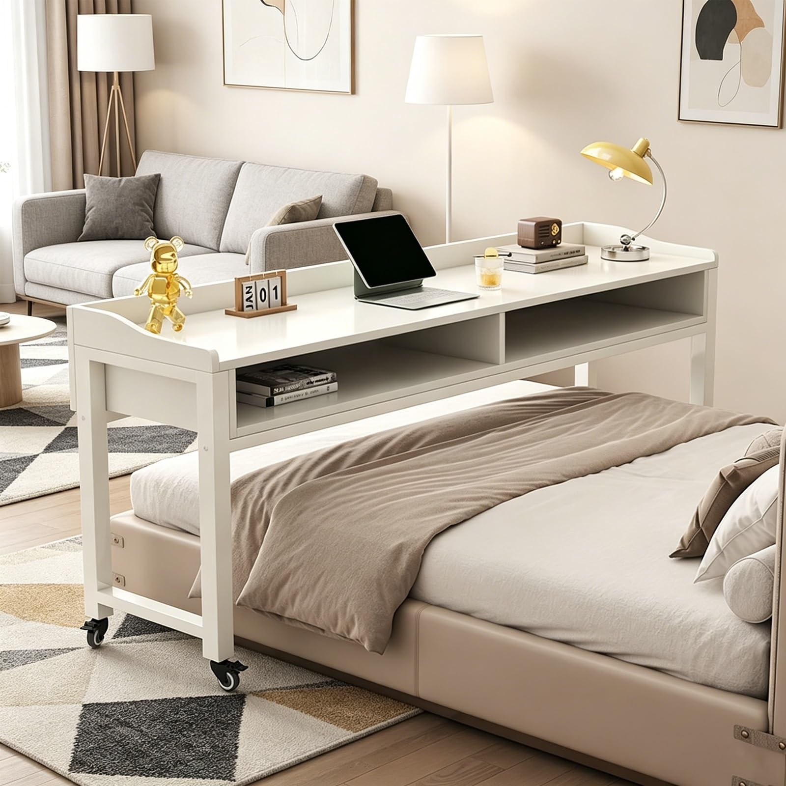 Mesa Cama para computadora portátil con Ruedas, Mesa Cama Trabajo sobre la Cama para Hospital, Escritorio Cama móvil para el hogar con deflectores.(Wit,120cm)