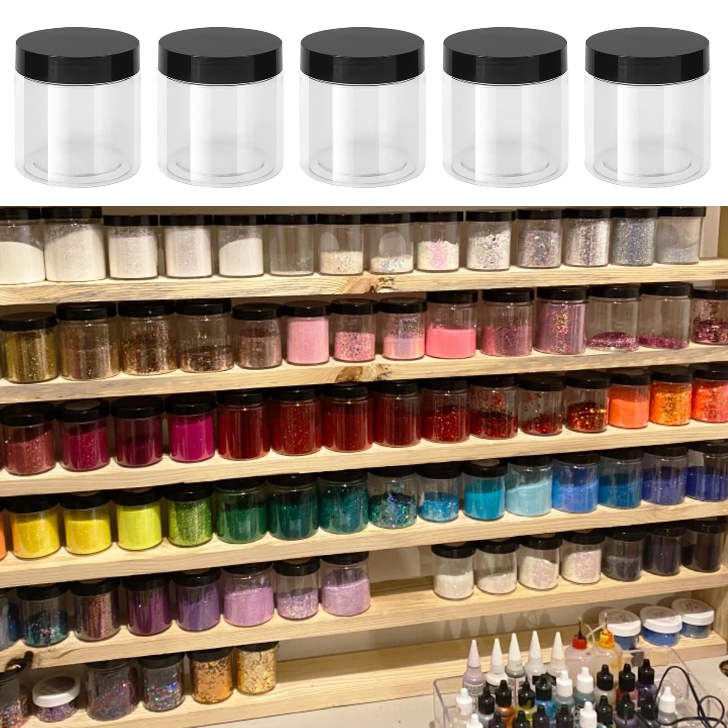 Confezione da 48 barattoli in plastica trasparente da 170 g con coperchio nero, contenitori per burro per il corpo, contenitori per cosmetici, per ingredienti da cucina, perline, paillettes, lozioni