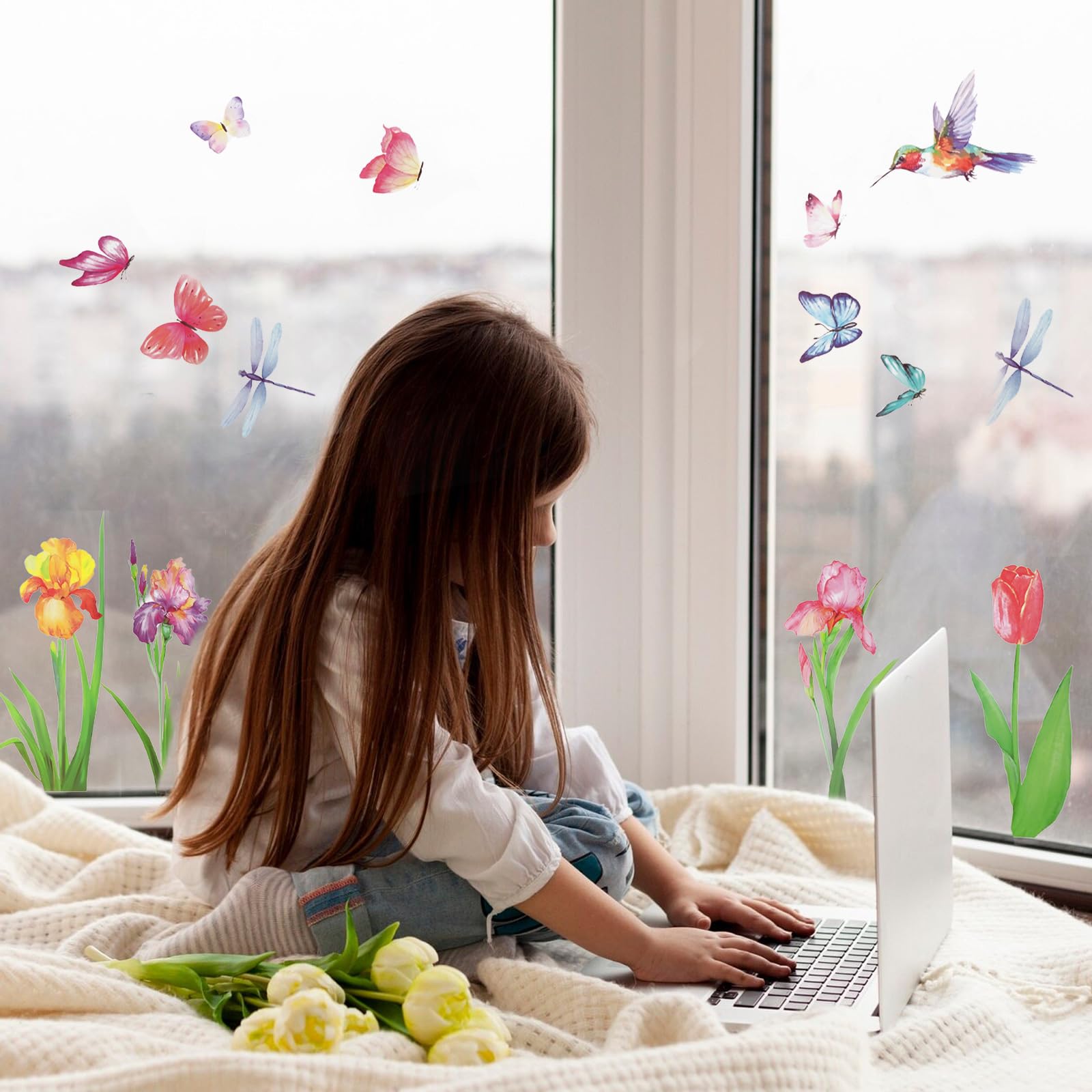 Vetrofanie Fiori E Farfalle - Adesivi Riutilizzabili Per Finestre, 9 Fogli 20x30cm - Foto 3