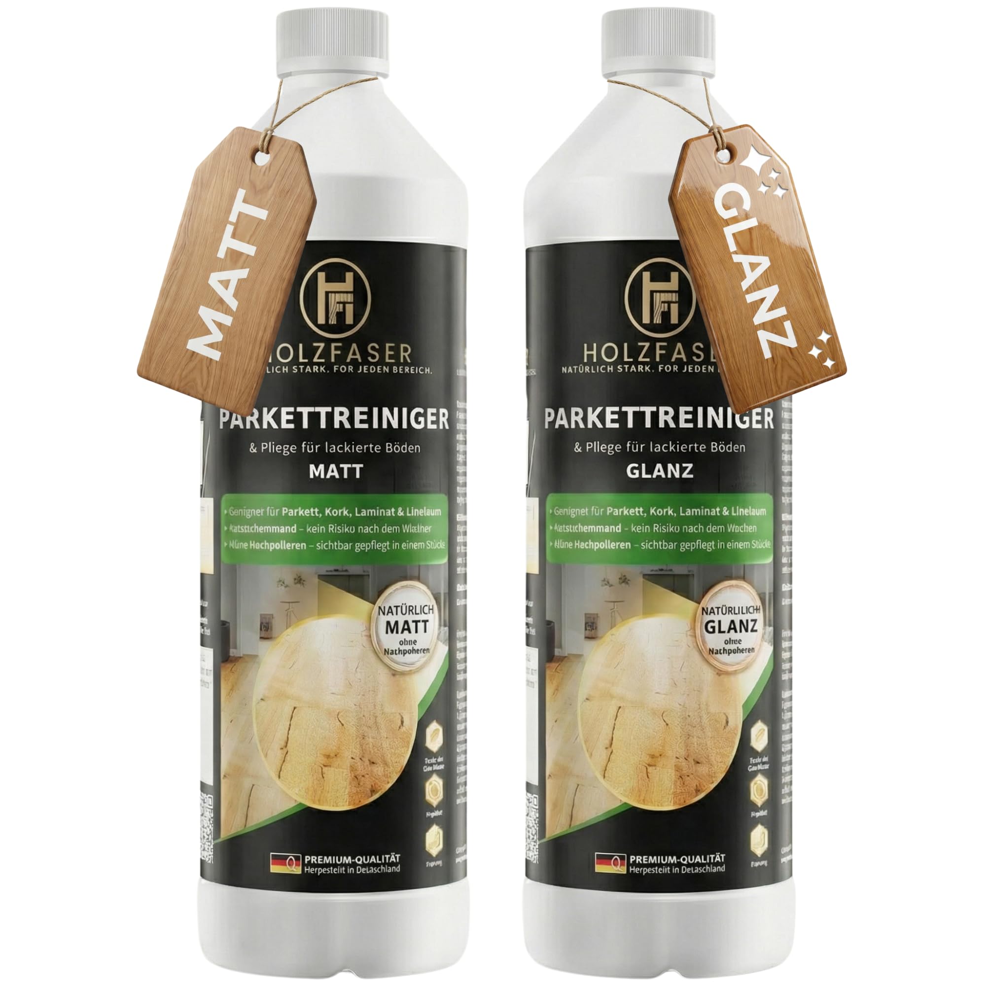 Parkettreiniger MATT + GLÄNZEND Set – 2× 1L 3-in-1 Konzentrat für versiegelte Parkett- & Holzböden, Parkett Pflege, Laminat & Kork | streifenfrei ohne Nachpolieren, rutschhemmend