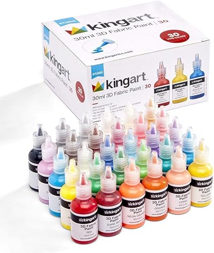 KINGART Pintura permanente para tela, juego de 30 colores, botellas de 1.0 fl oz, apta para lavadora y secadora, pintura textil para ropa,