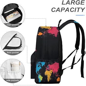 Teens World Map Pattern School Bag Boys Girls 7-12 Years 14 Inch Laptop Backpack, Fashion Style World Map Design Bookbag for Spring Outing Autumn Trip Back to School Gift
